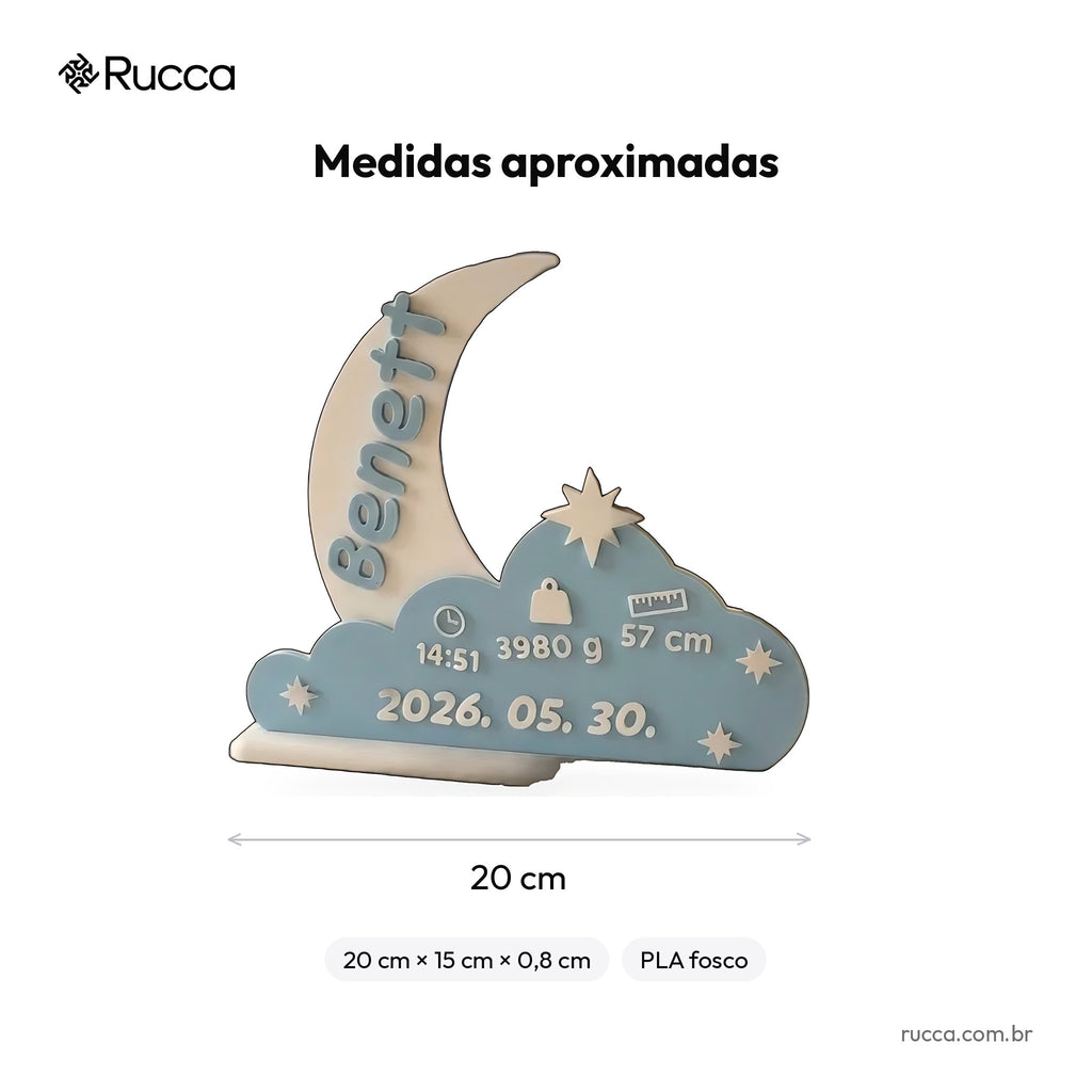 Plaquinha de Nascimento Lua e Nuvem Azul — Rucca 3D