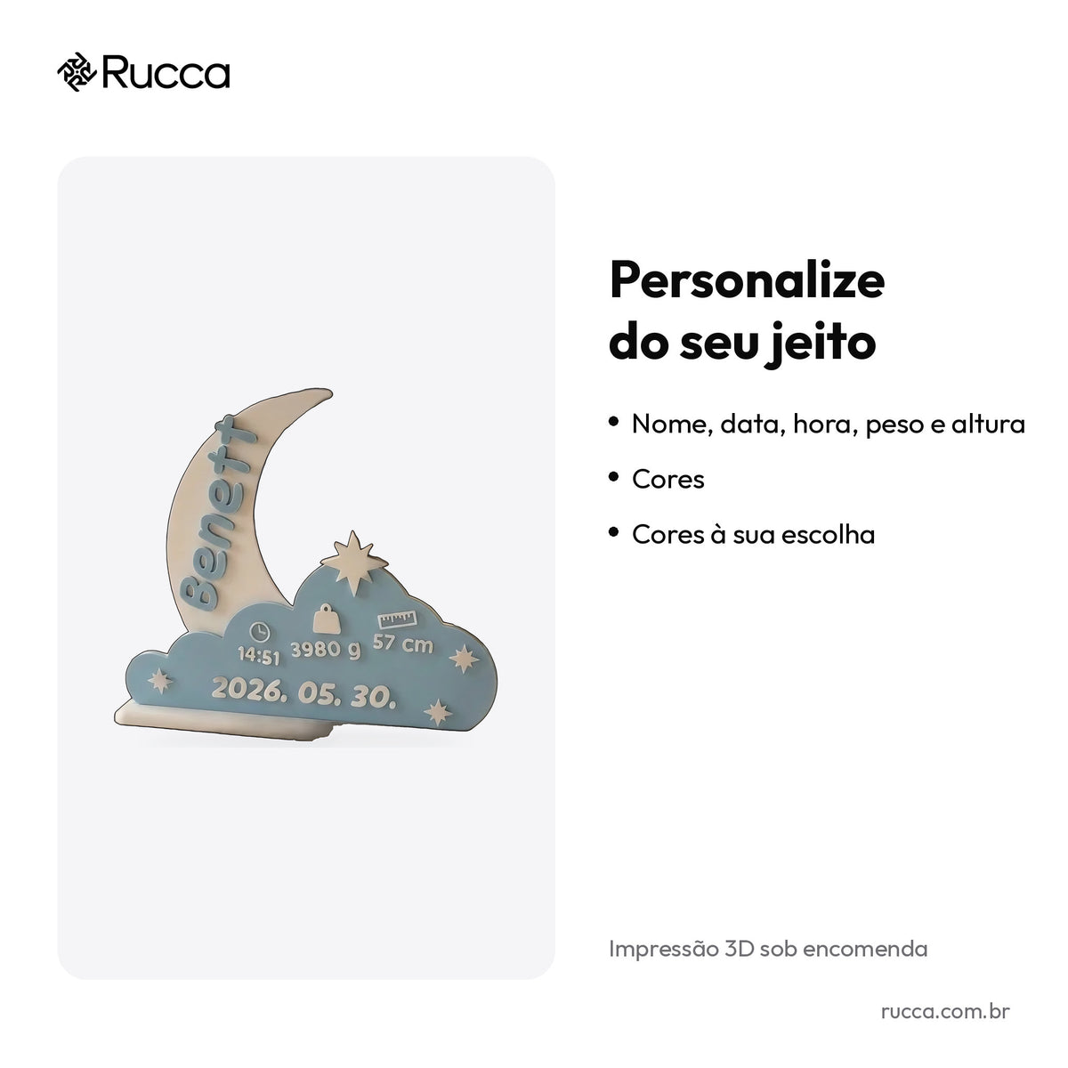Plaquinha de Nascimento Lua e Nuvem Azul — Rucca 3D