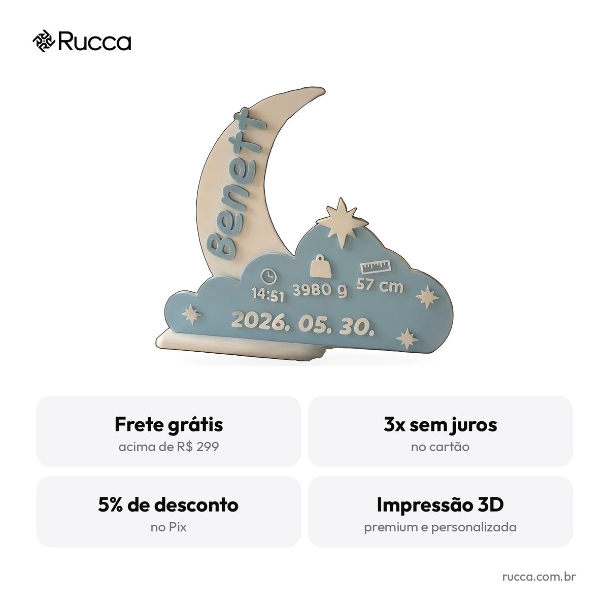 Plaquinha de Nascimento Lua e Nuvem Azul — Rucca 3D