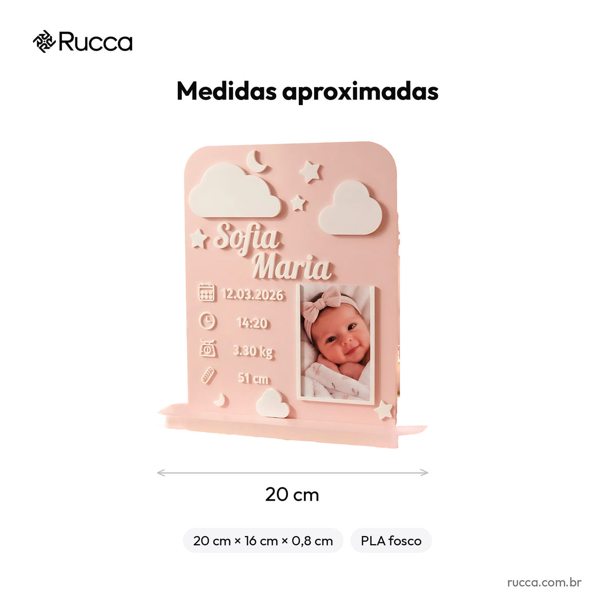 Plaquinha de Nascimento Rosa com Foto — Rucca 3D