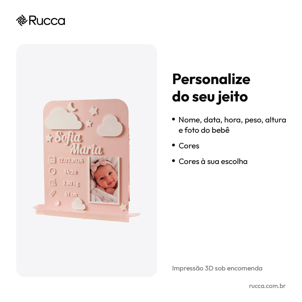 Plaquinha de Nascimento Rosa com Foto — Rucca 3D