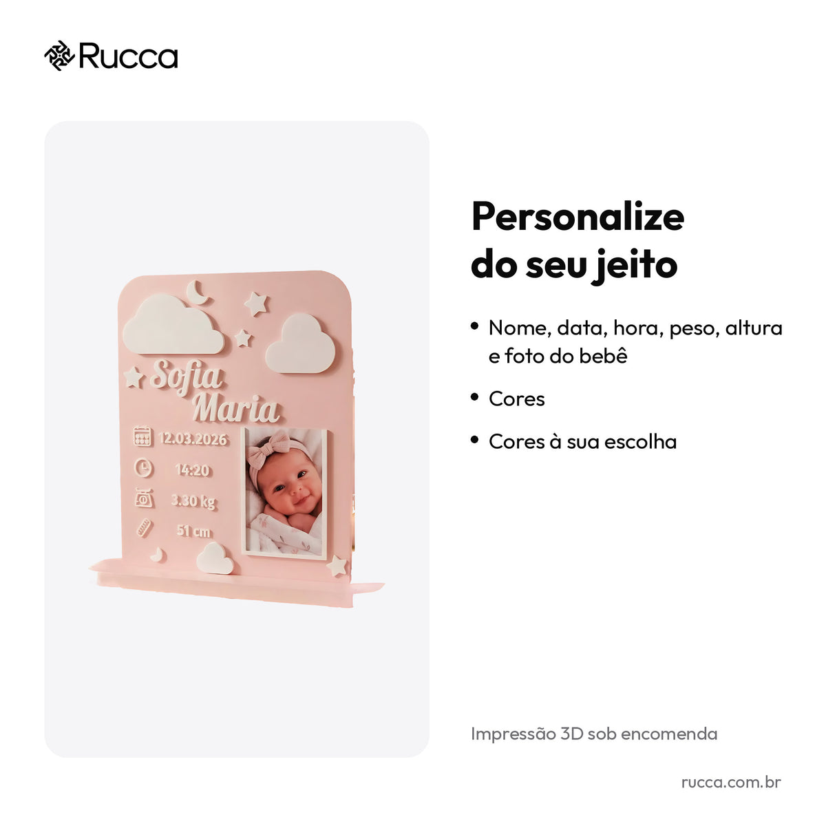 Plaquinha de Nascimento Rosa com Foto — Rucca 3D