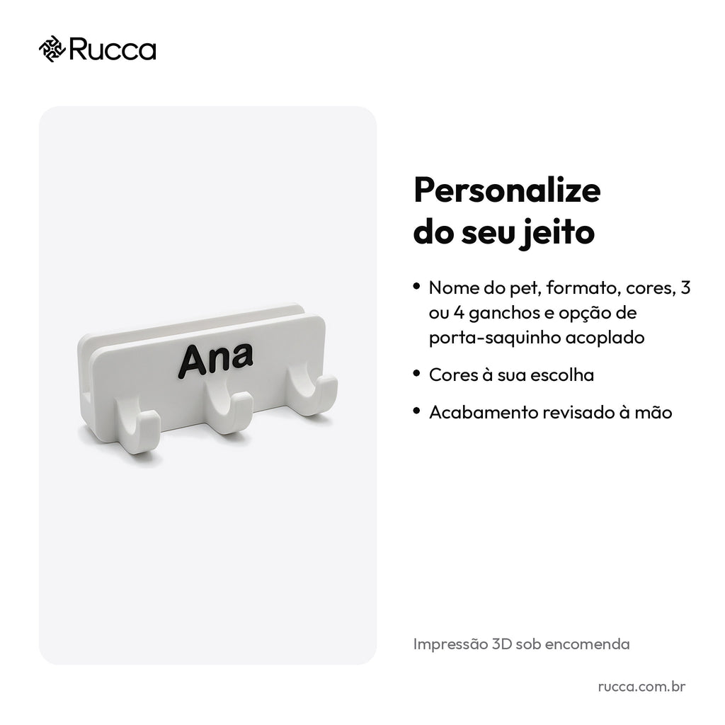 Porta-coleira e guia de parede com nome — Rucca 3D