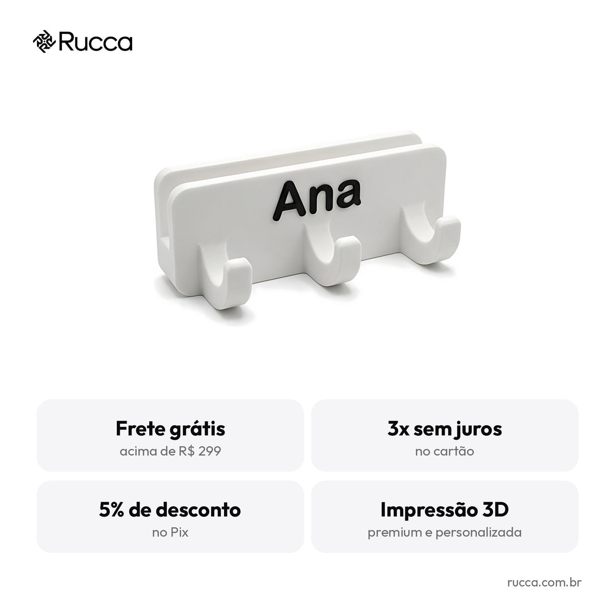 Porta-coleira e guia de parede com nome — Rucca 3D