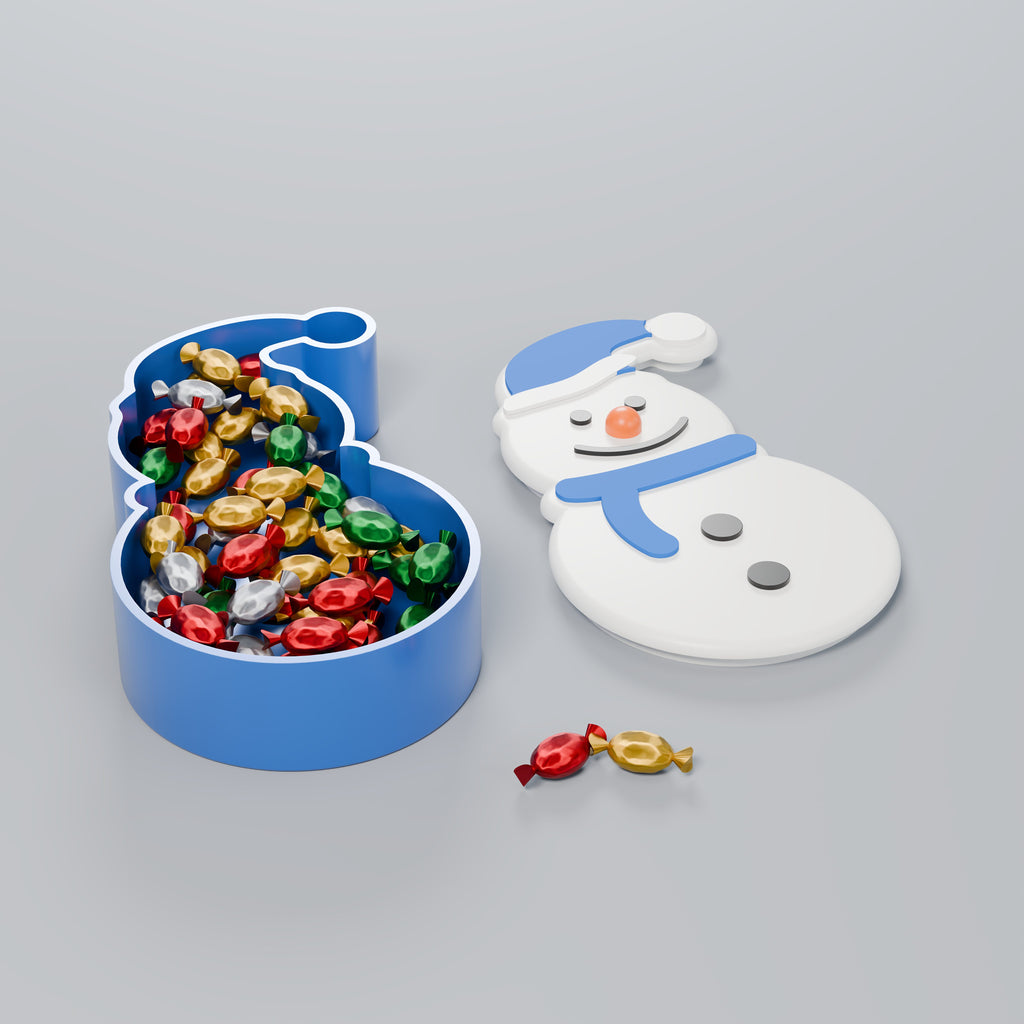 Porta-Doces Boneco de Neve com Tampa, Gorro, cachecol e caixa Azul Perolado
