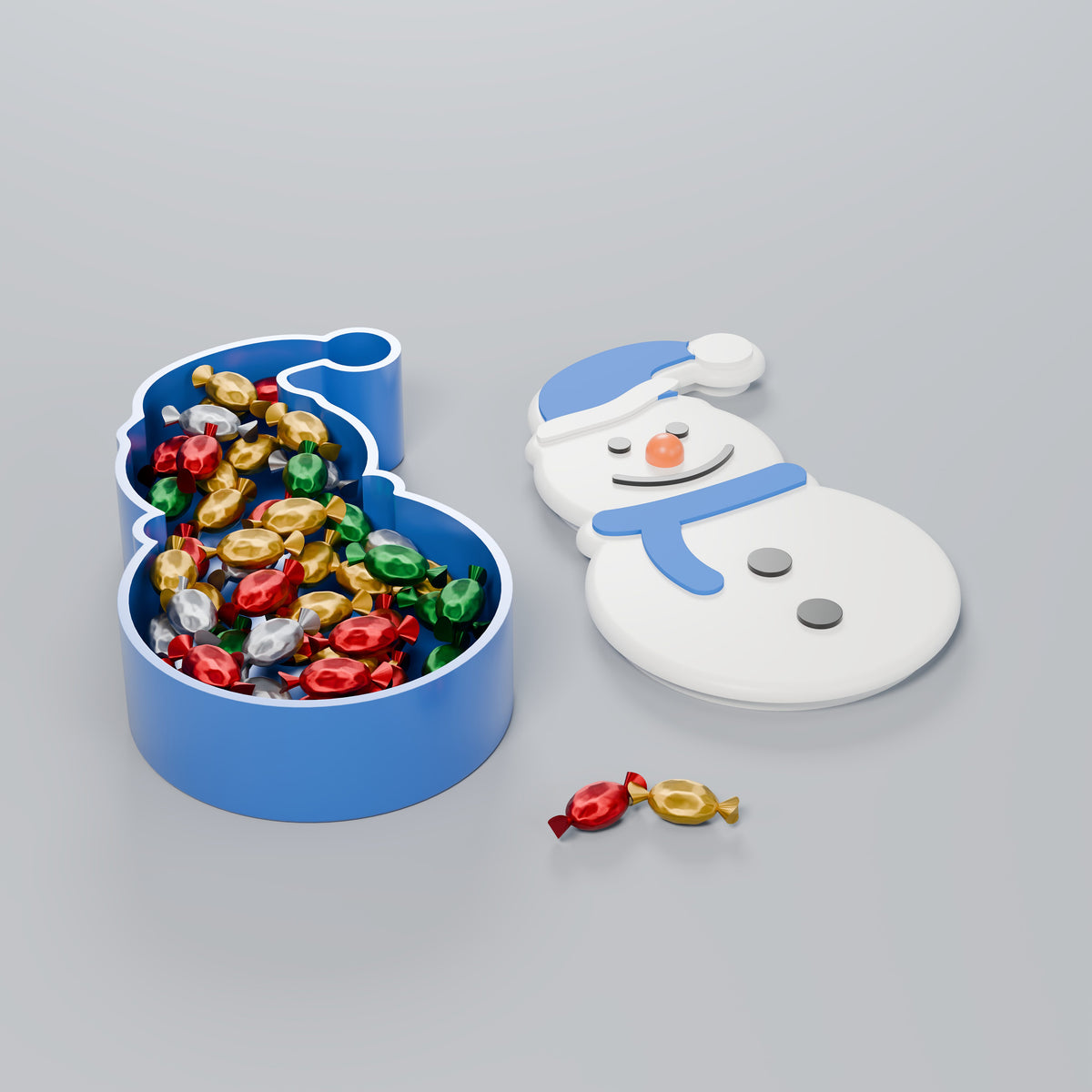 Porta-Doces Boneco de Neve com Tampa, Gorro, cachecol e caixa Azul Perolado