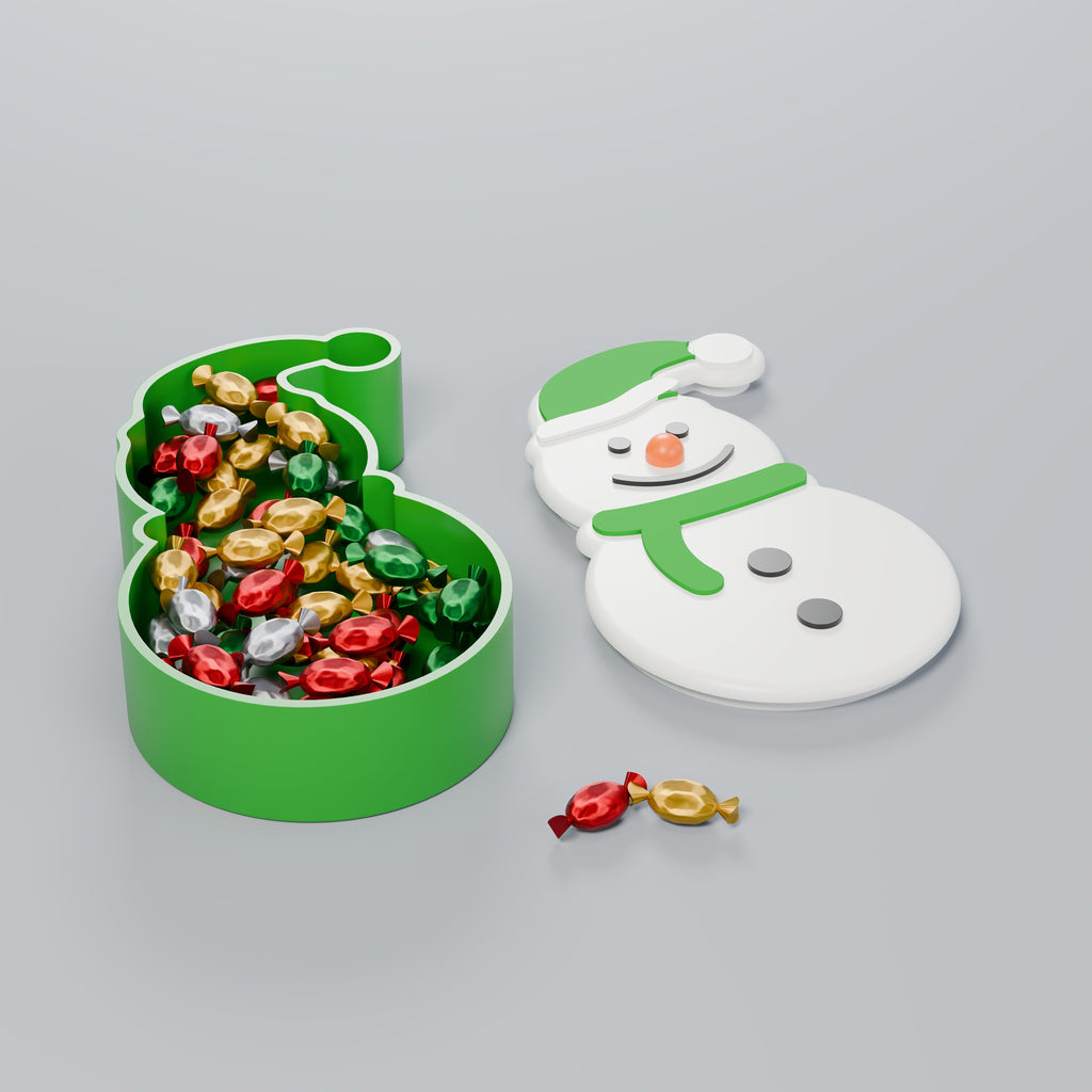 Porta-Doces Boneco de Neve com Tampa, Gorro, cachecol e caixa Verde Grama