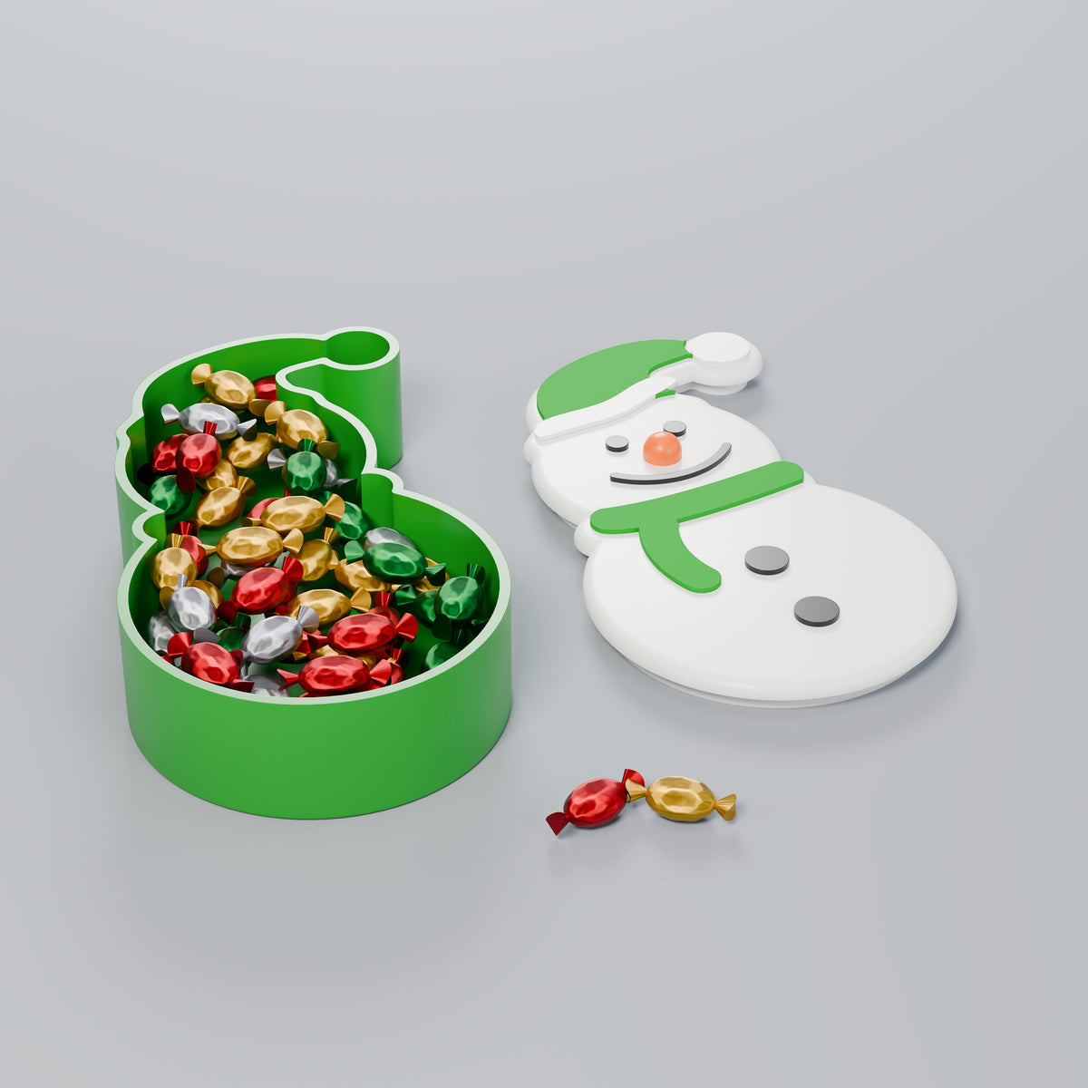Porta-Doces Boneco de Neve com Tampa, Gorro, cachecol e caixa Verde Grama