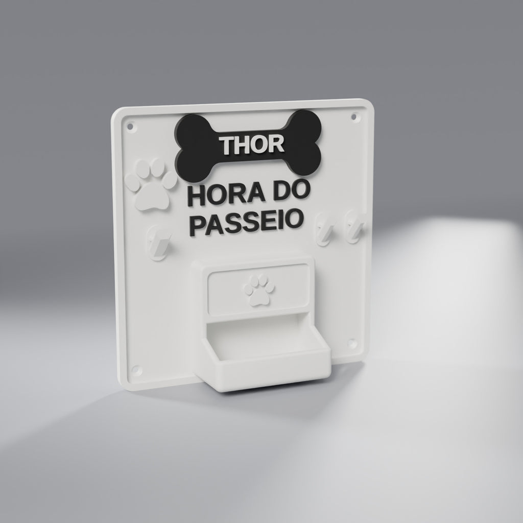 Porta-Guia e Coleira de Parede com Nome do Pet, Branco com detalhes Pretos