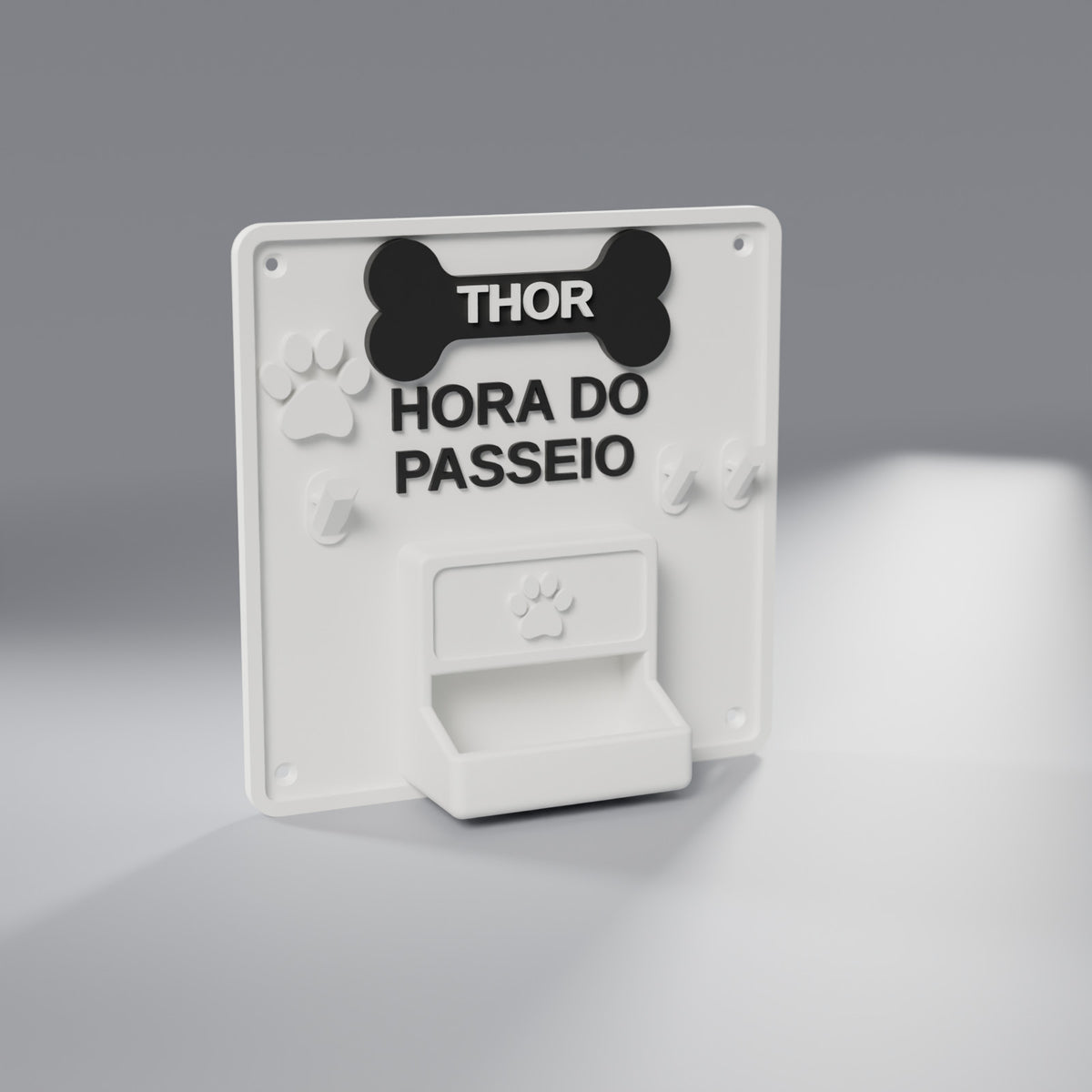 Porta-Guia e Coleira de Parede com Nome do Pet, Branco com detalhes Pretos