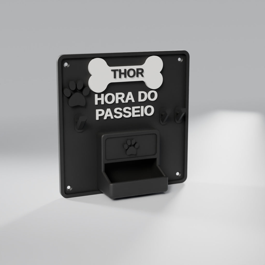 Porta-Guia e Coleira de Parede com Nome do Pet, Preto com detalhes Brancos