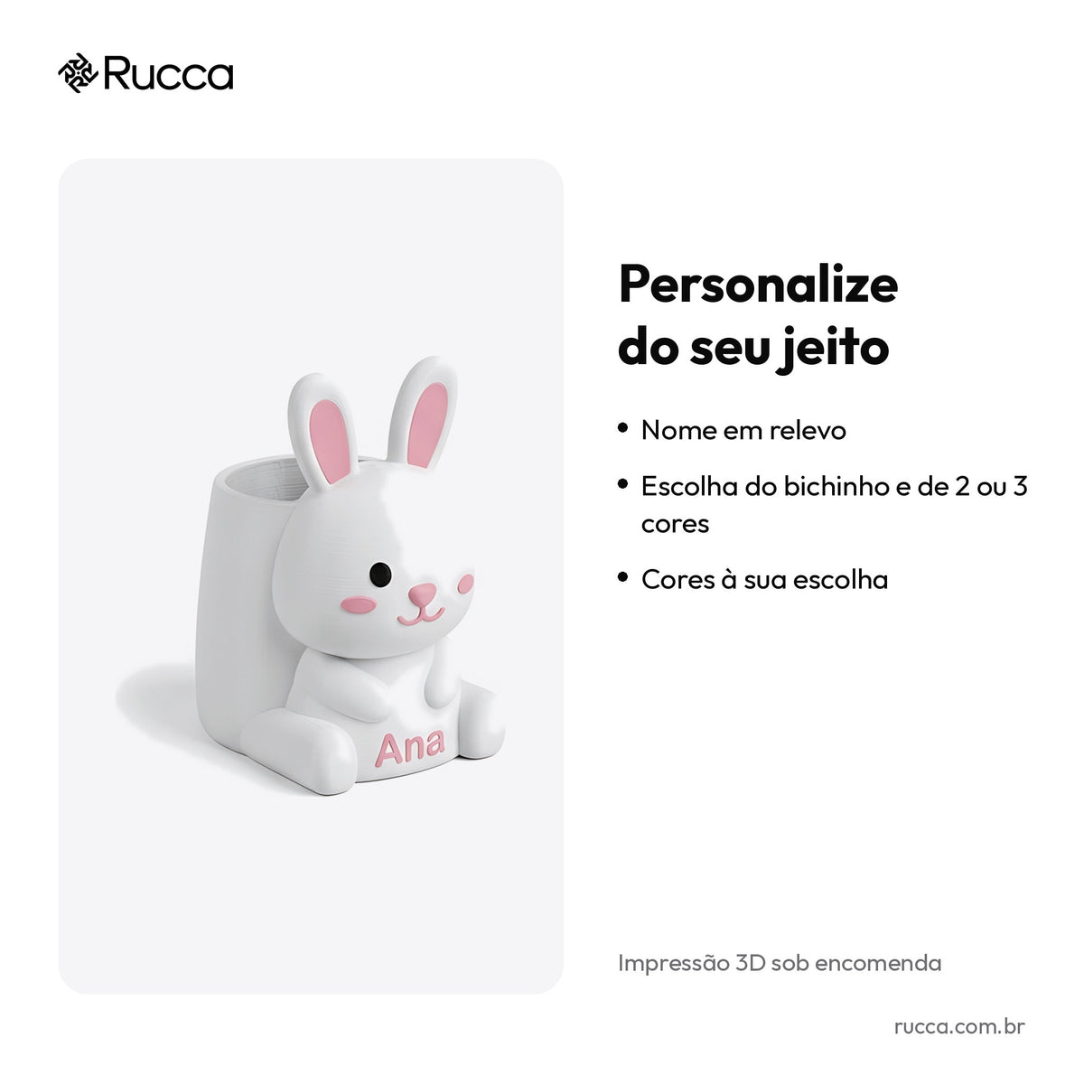 Porta-lápis infantil de bichinho com nome — Rucca 3D