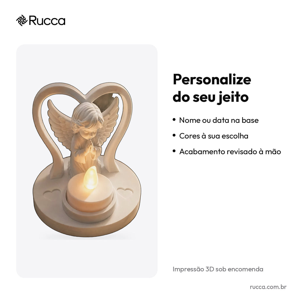 Porta-Vela LED Anjinho Rezando no Arco de Coração — Rucca 3D