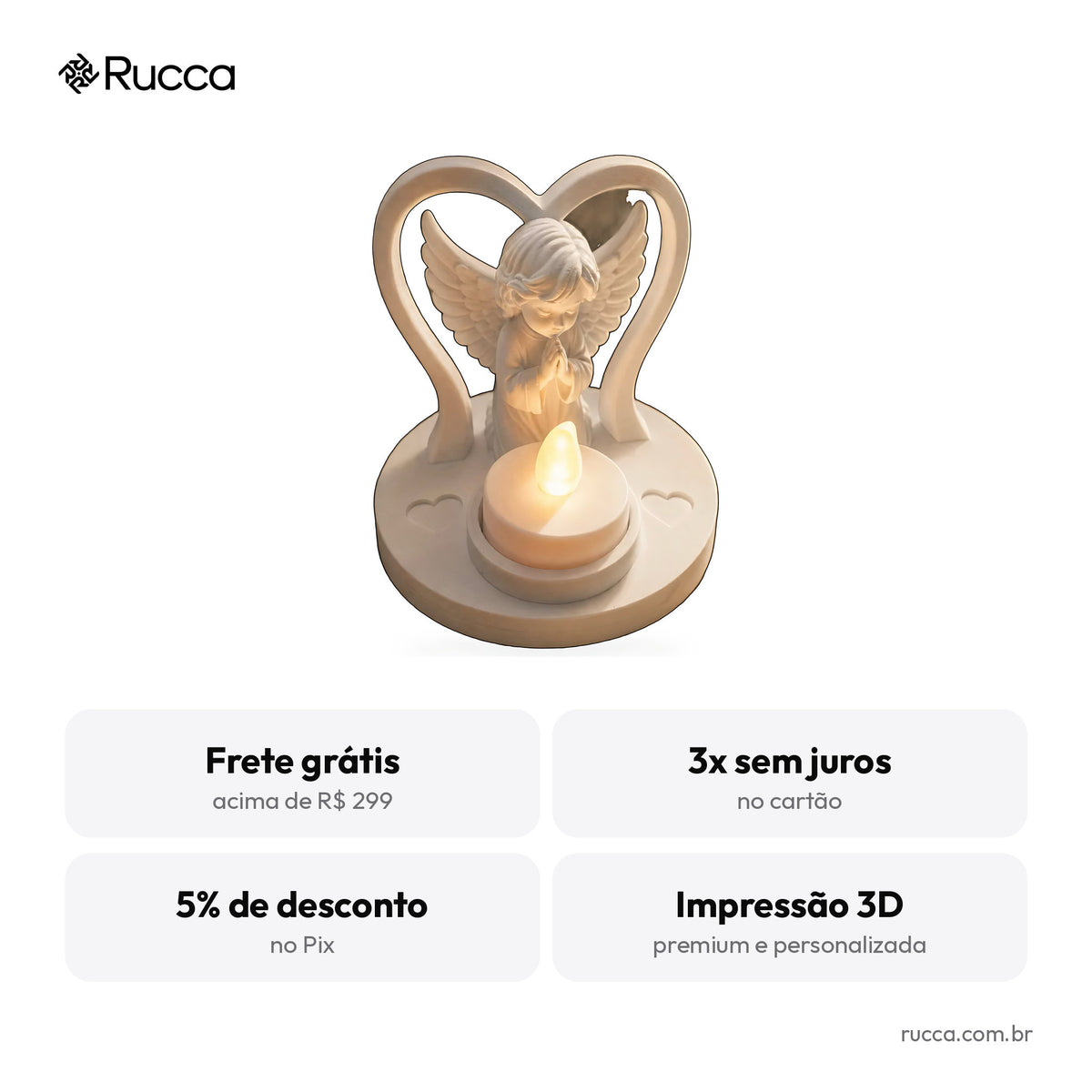 Porta-Vela LED Anjinho Rezando no Arco de Coração — Rucca 3D
