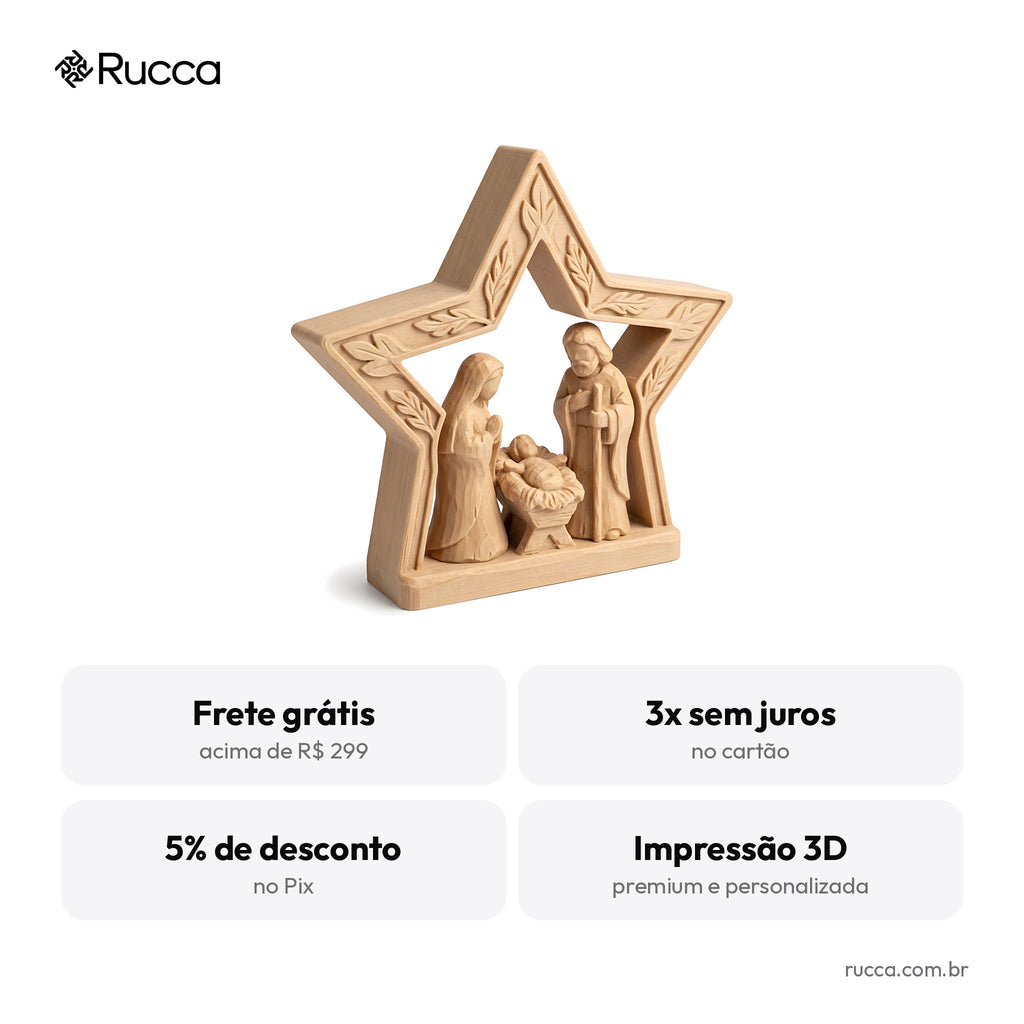 Presépio Estilo Madeira Entalhada com Estrela — Rucca 3D