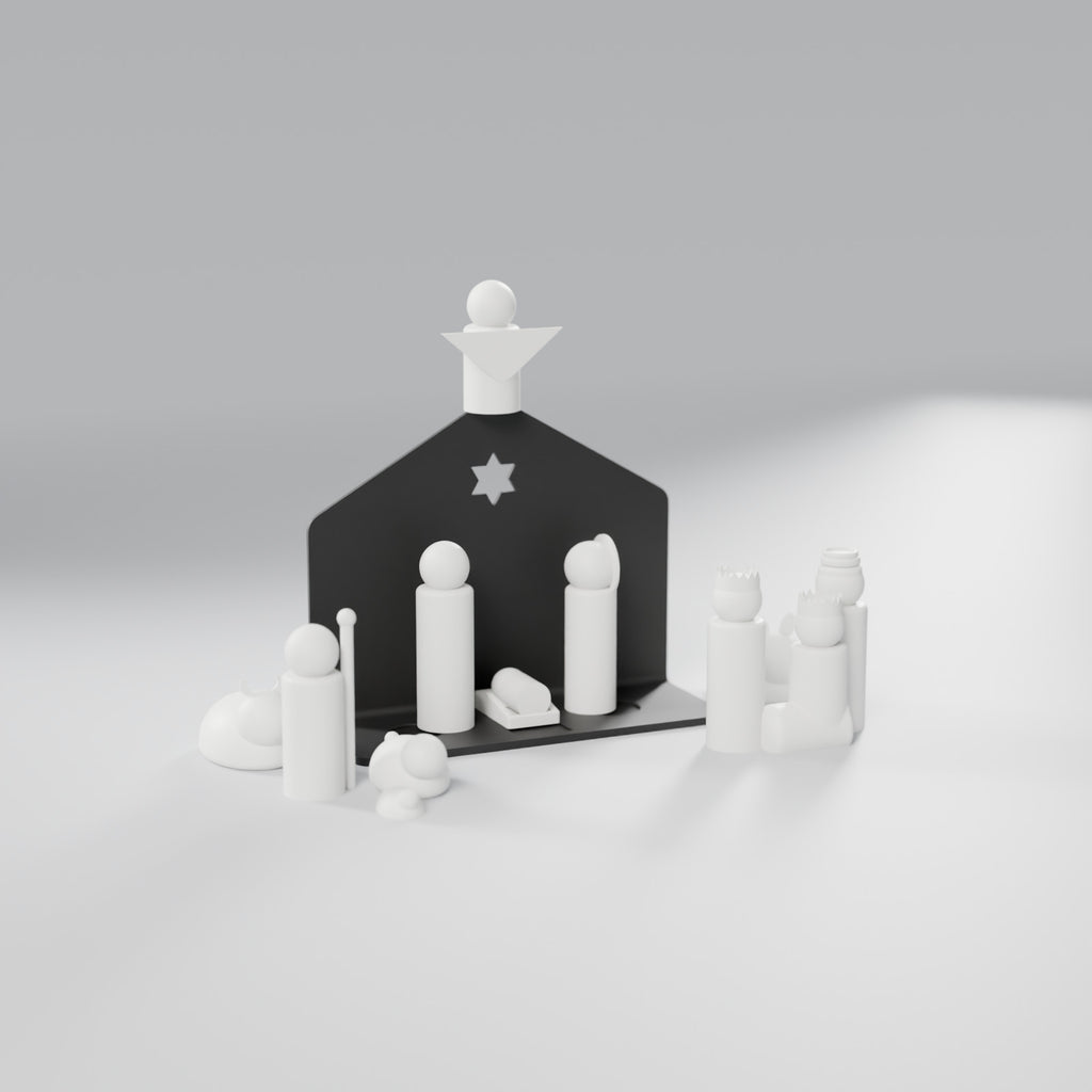 Presépio Minimalista com Cenário, Pastor, Anjo e Reis Magos (14 Peças), Figuras Brancas e Cenário Preto