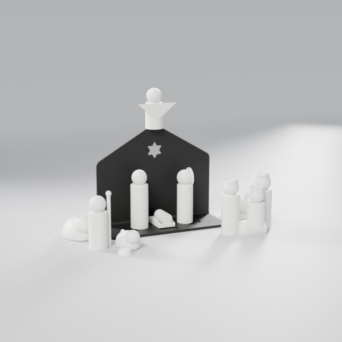 Presépio Minimalista com Cenário, Pastor, Anjo e Reis Magos (14 Peças), Figuras Brancas e Cenário Preto