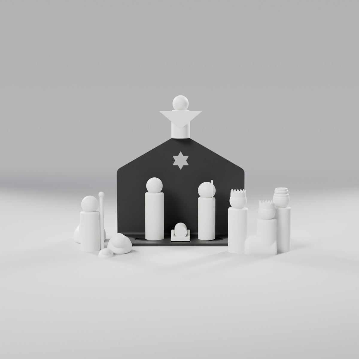 Presépio Minimalista com Cenário, Pastor, Anjo e Reis Magos (14 Peças), vista frontal