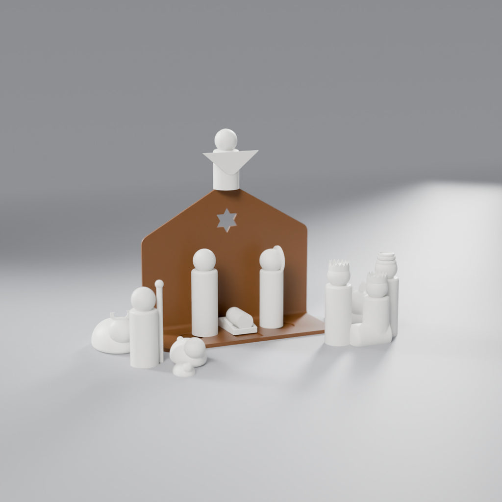 Presépio Minimalista com Cenário, Pastor, Anjo e Reis Magos (14 Peças), Figuras Brancas e Cenário Marrom