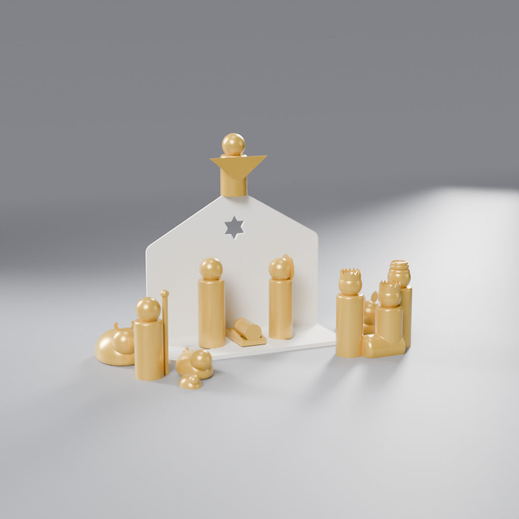 Presépio Minimalista com Cenário, Pastor, Anjo e Reis Magos (14 Peças), Figuras Douradas e Cenário Branco