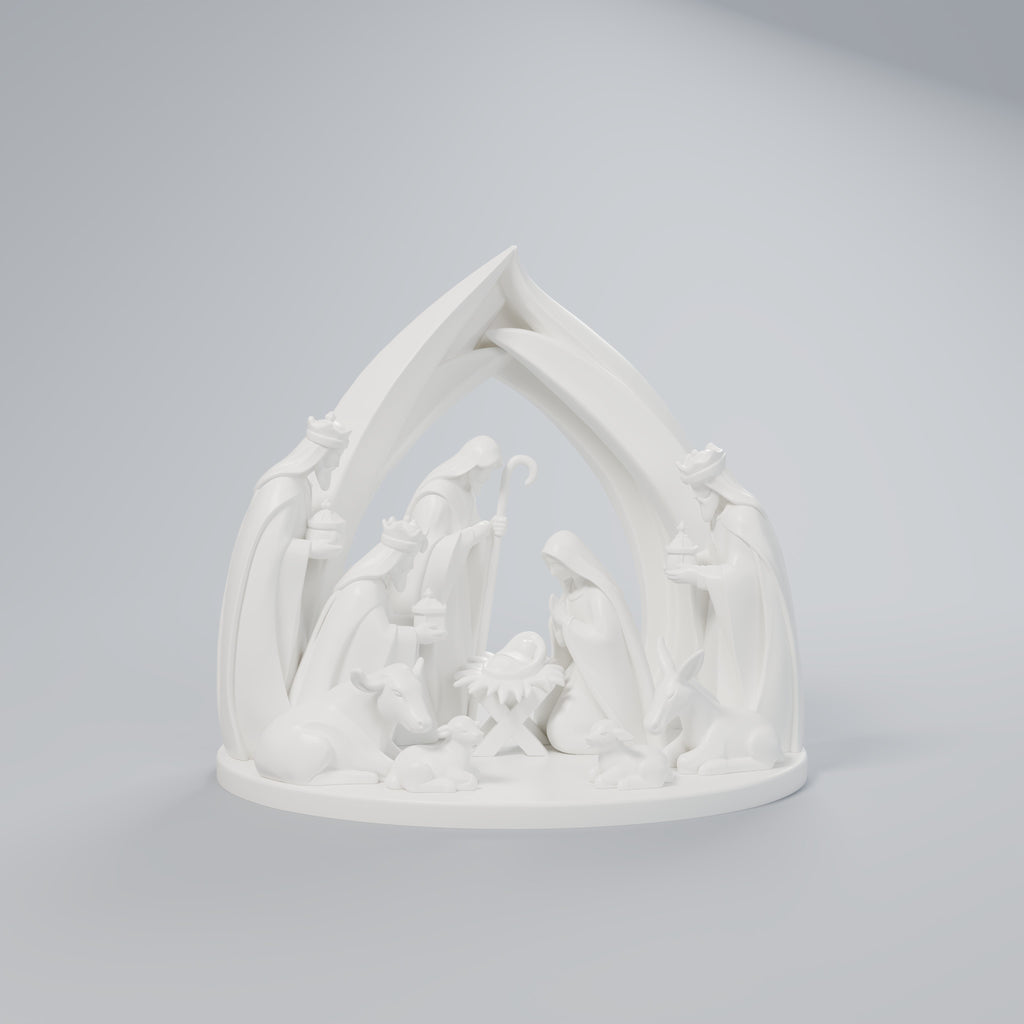 Presépio Minimalista Completo com Arco, Reis Magos e Animais, vista frontal