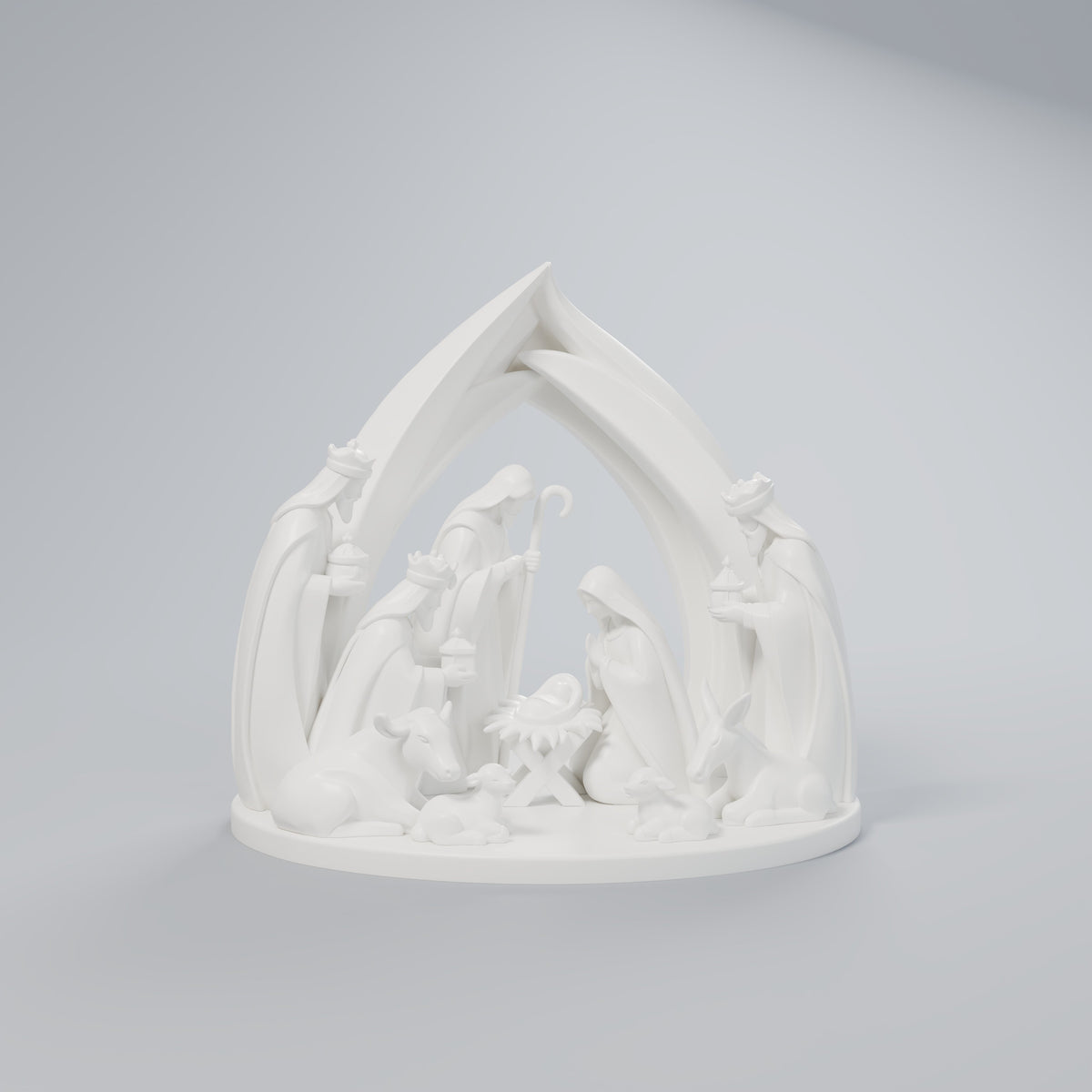 Presépio Minimalista Completo com Arco, Reis Magos e Animais, vista frontal