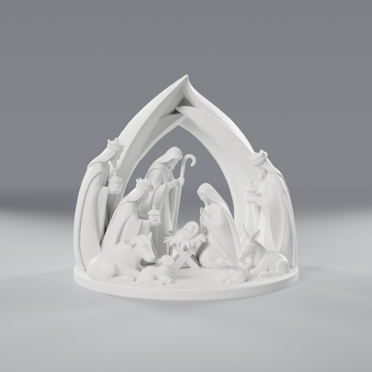 Presépio Minimalista Completo com Arco, Reis Magos e Animais, vista frontal