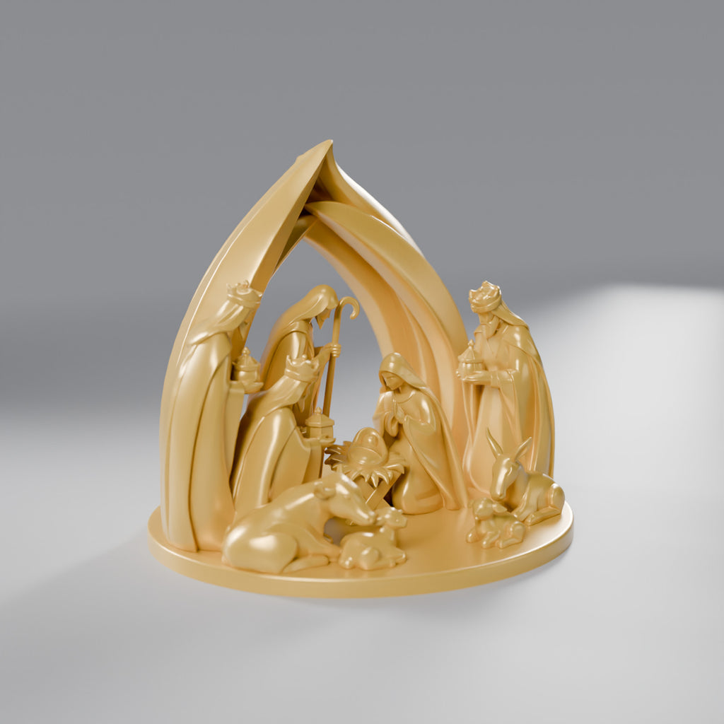 Presépio Minimalista Completo com Arco, Reis Magos e Animais, Dourado