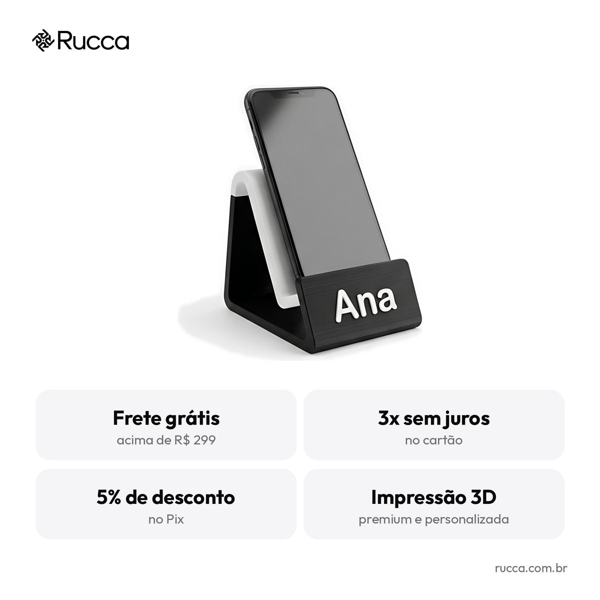 Suporte de Celular de Mesa com Logo — Rucca 3D