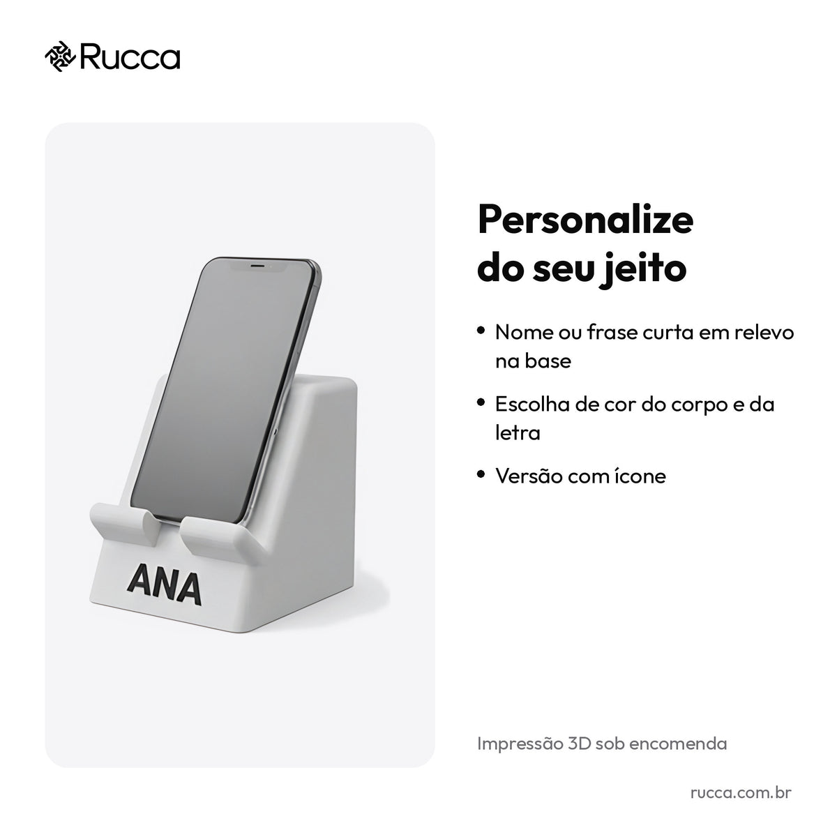 Suporte de celular de mesa com nome — Rucca 3D
