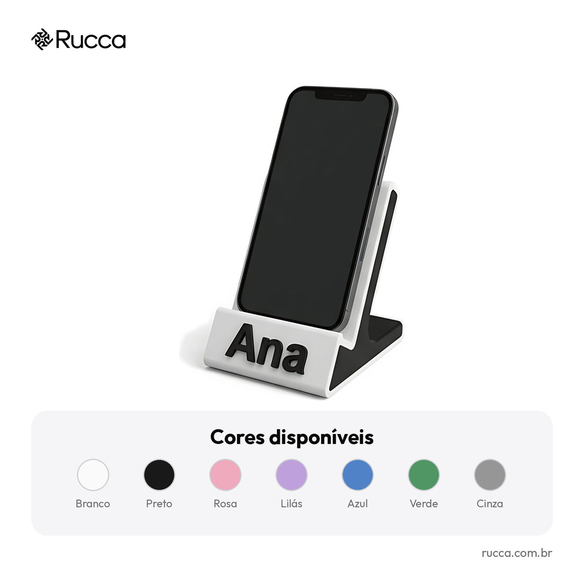 Suporte de Celular de Mesa com Nome — Rucca 3D
