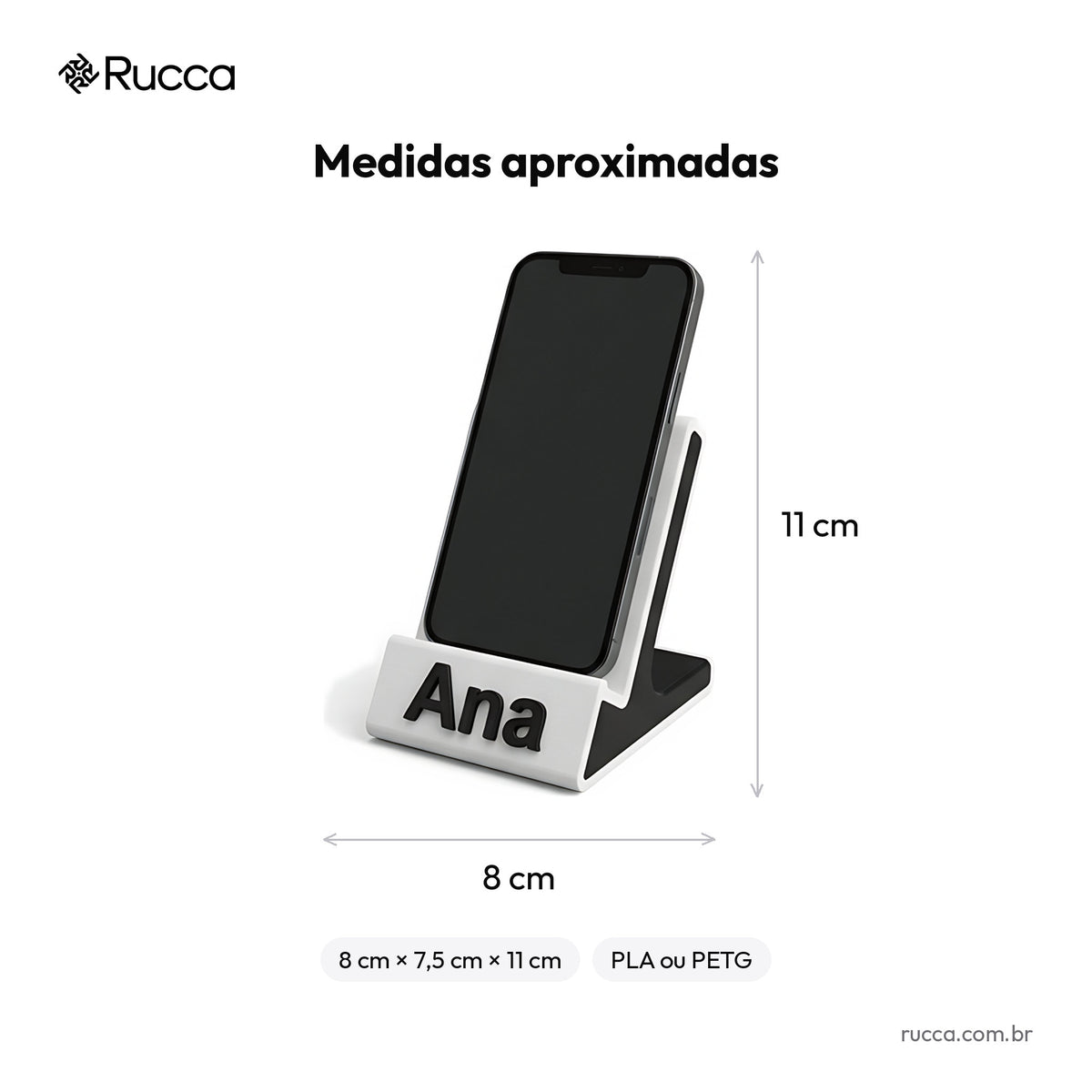 Suporte de Celular de Mesa com Nome — Rucca 3D