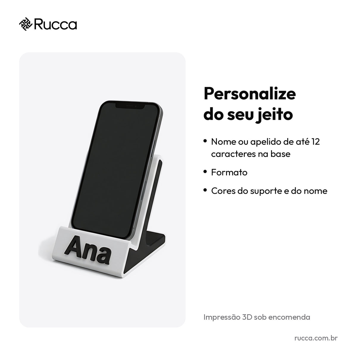 Suporte de Celular de Mesa com Nome — Rucca 3D