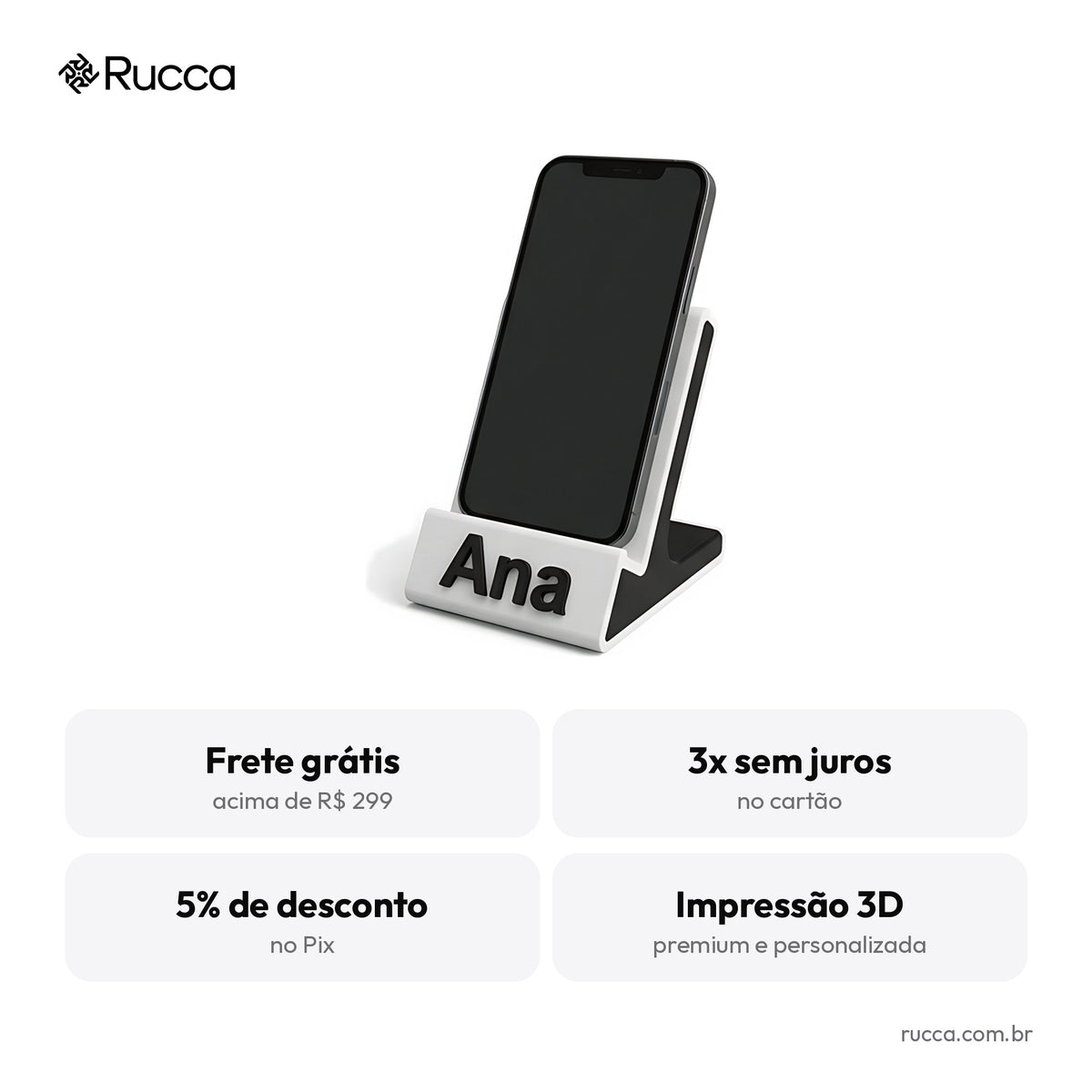 Suporte de Celular de Mesa com Nome — Rucca 3D
