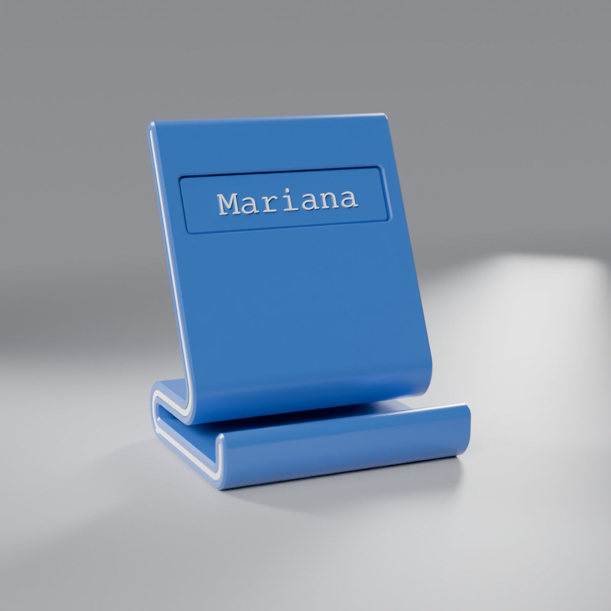 Suporte de Celular de Mesa com Nome, Azul Perolado com detalhes Brancos
