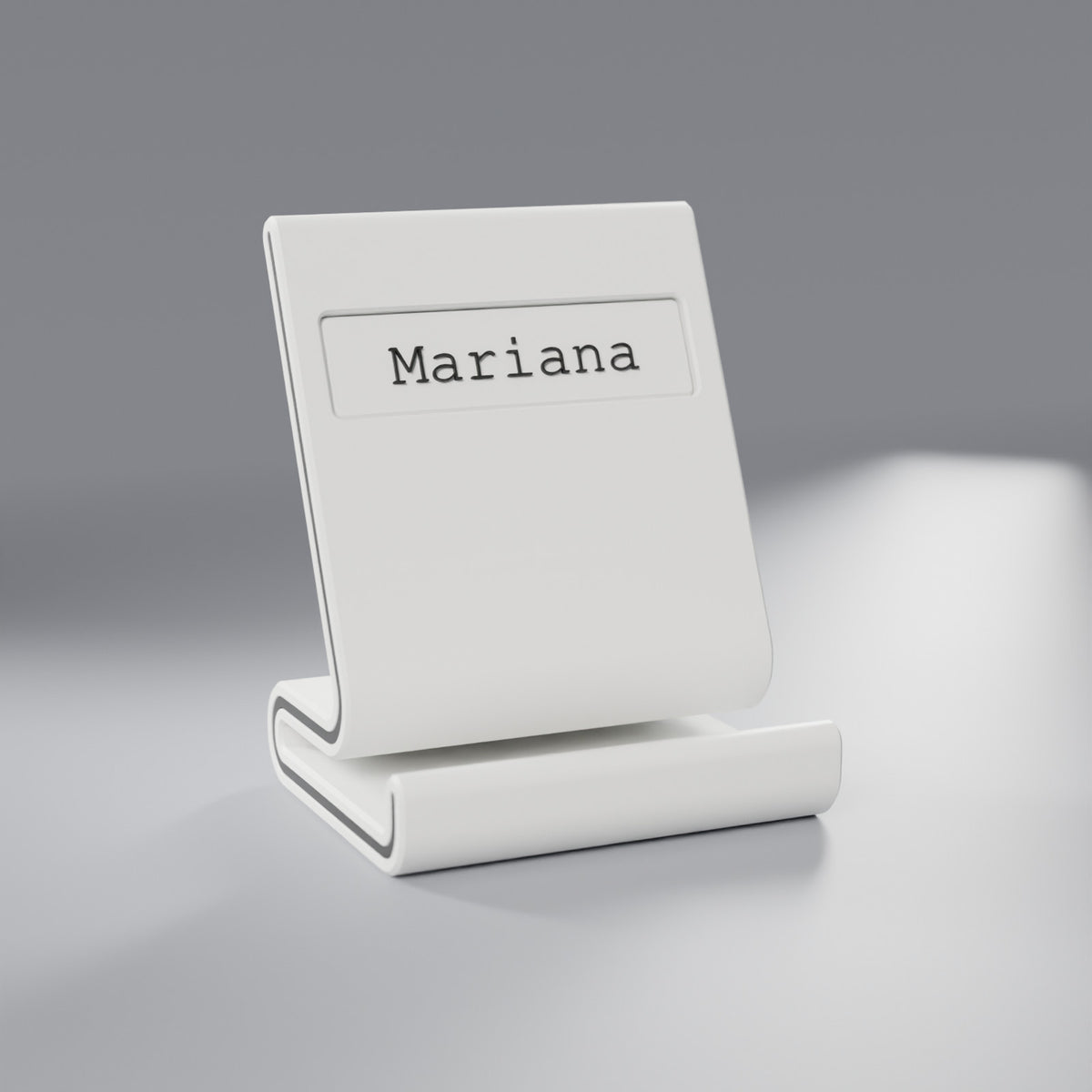 Suporte de Celular de Mesa com Nome, Branco com detalhes Pretos