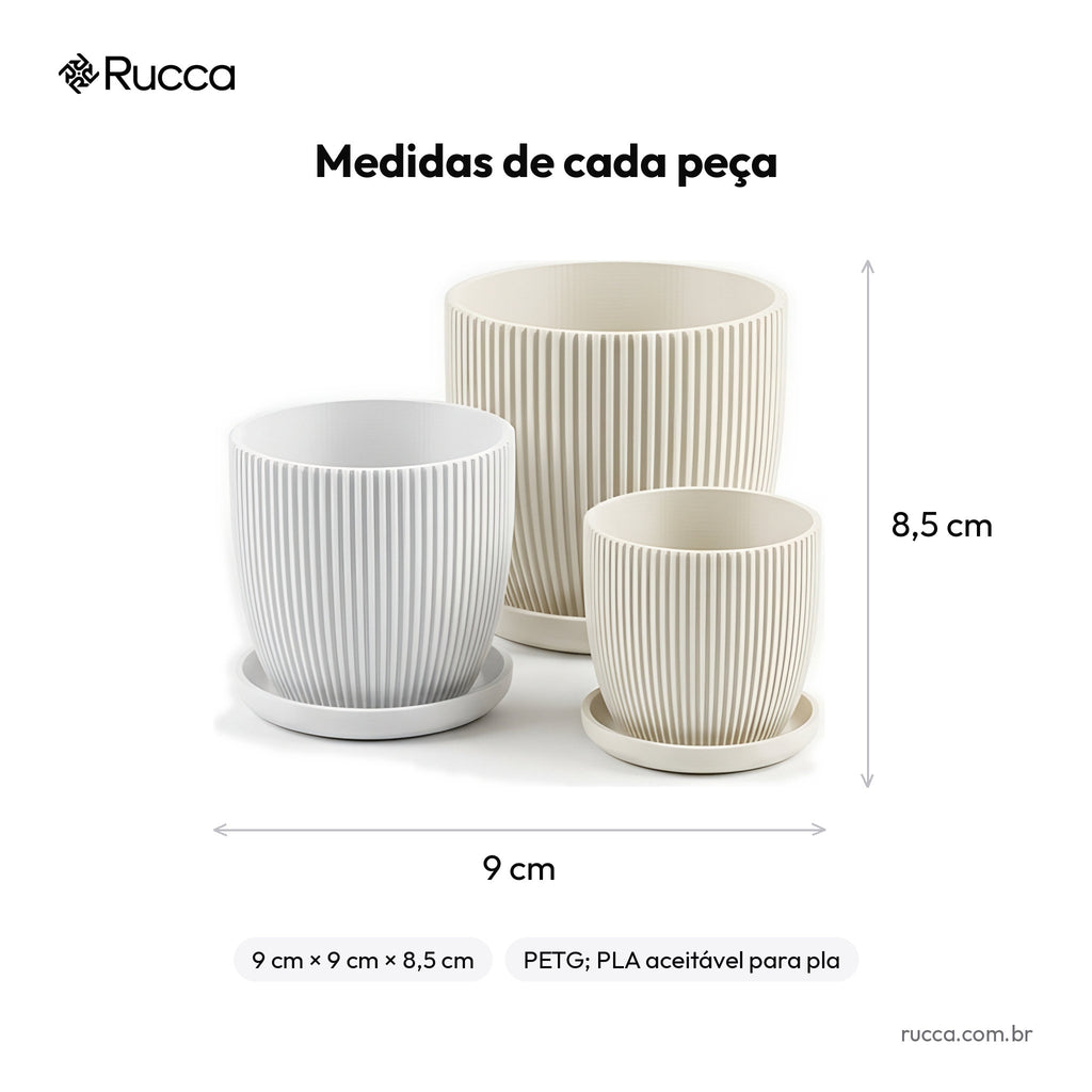 Trio de Cachepôs Canelados com Pratinho — Rucca 3D