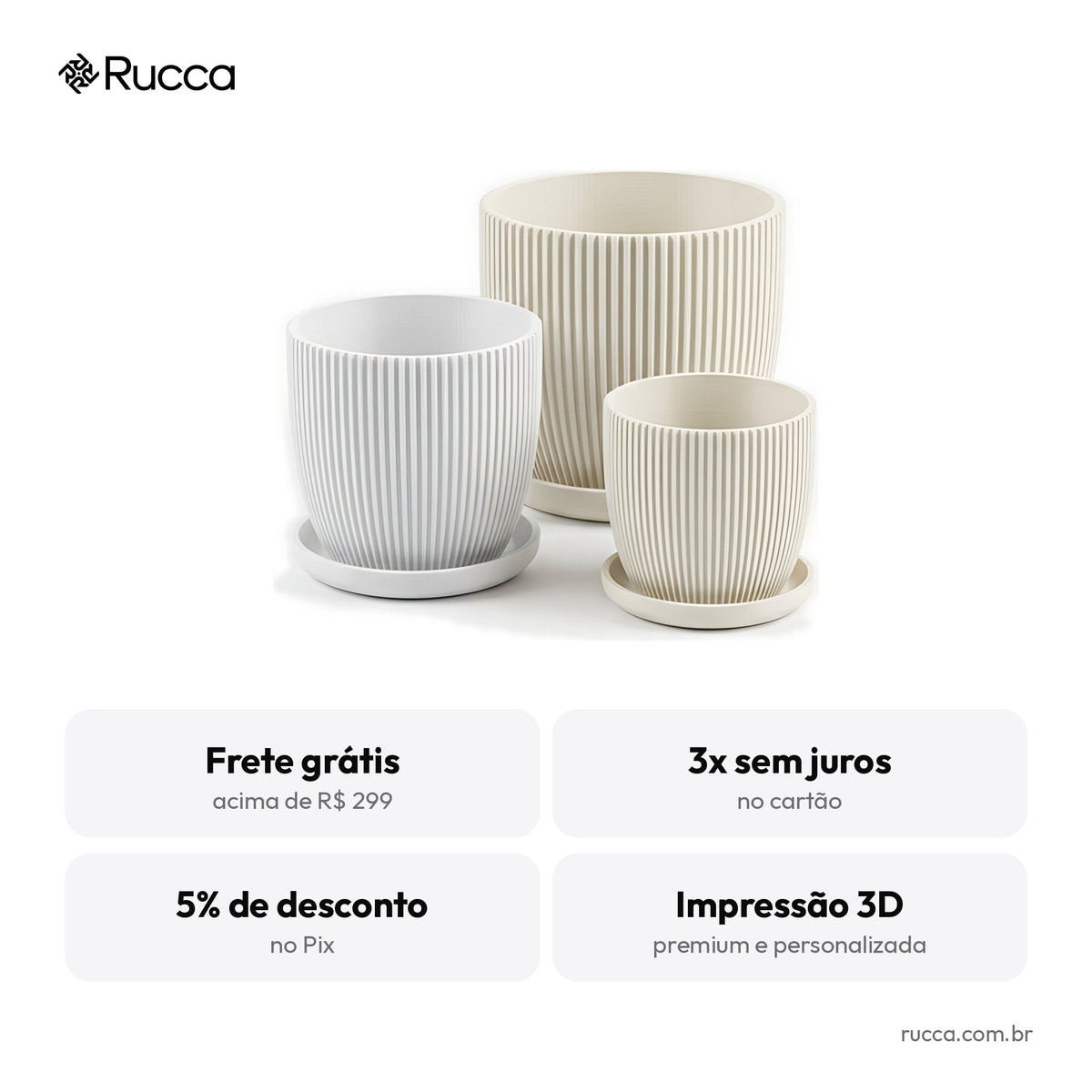 Trio de Cachepôs Canelados com Pratinho — Rucca 3D