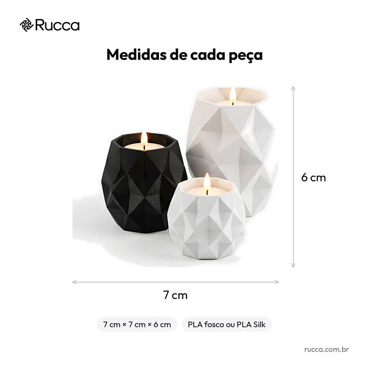 Trio de Porta-Velas Geométricos com Vela LED — Rucca 3D