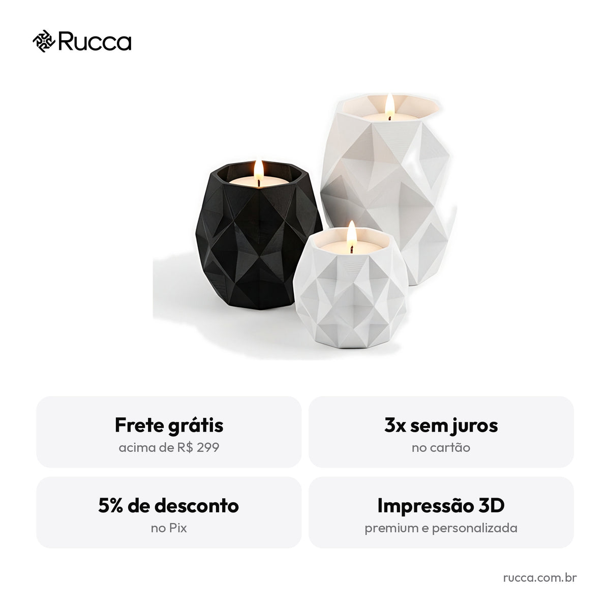 Trio de Porta-Velas Geométricos com Vela LED — Rucca 3D
