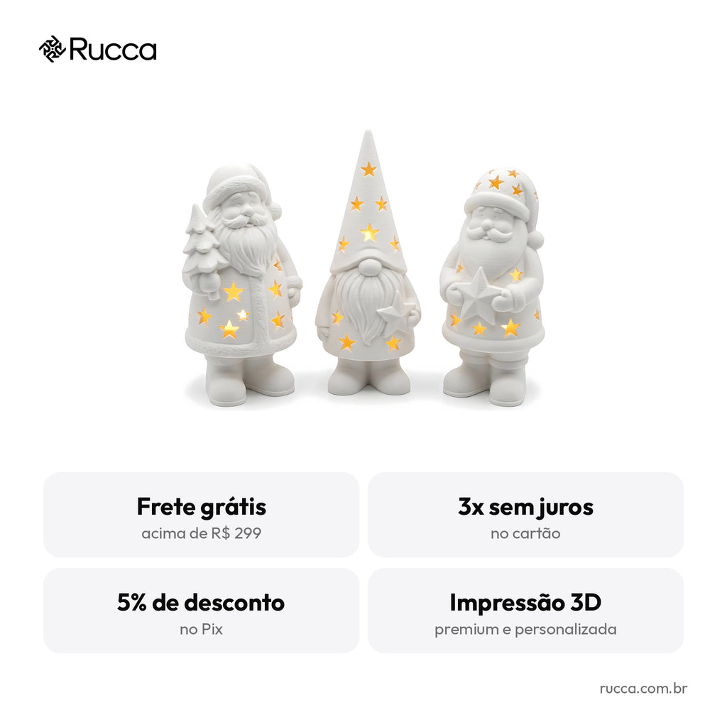 Trio Luminárias de Natal com Vela LED (Papai Noel e Gnomo) — Rucca 3D