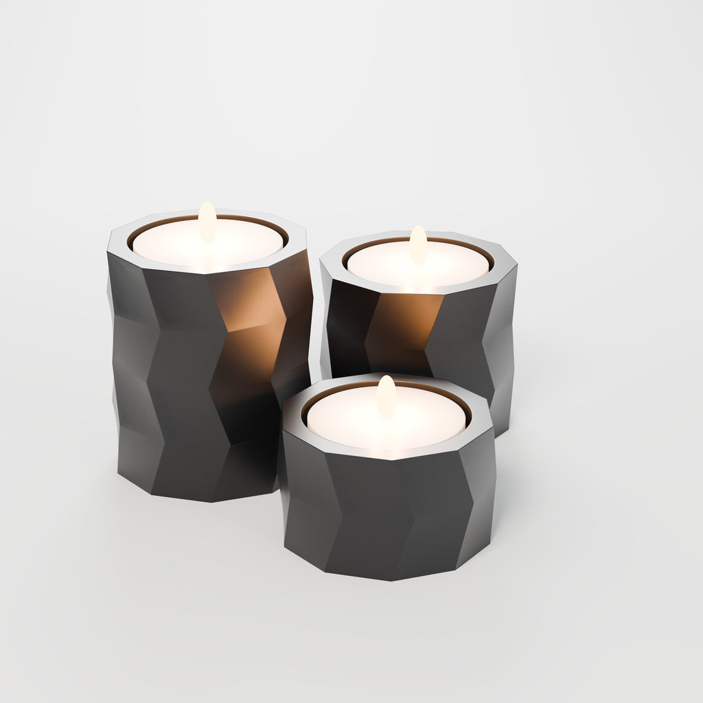Trio de Porta-Velas Geométricos Low Poly, Preto