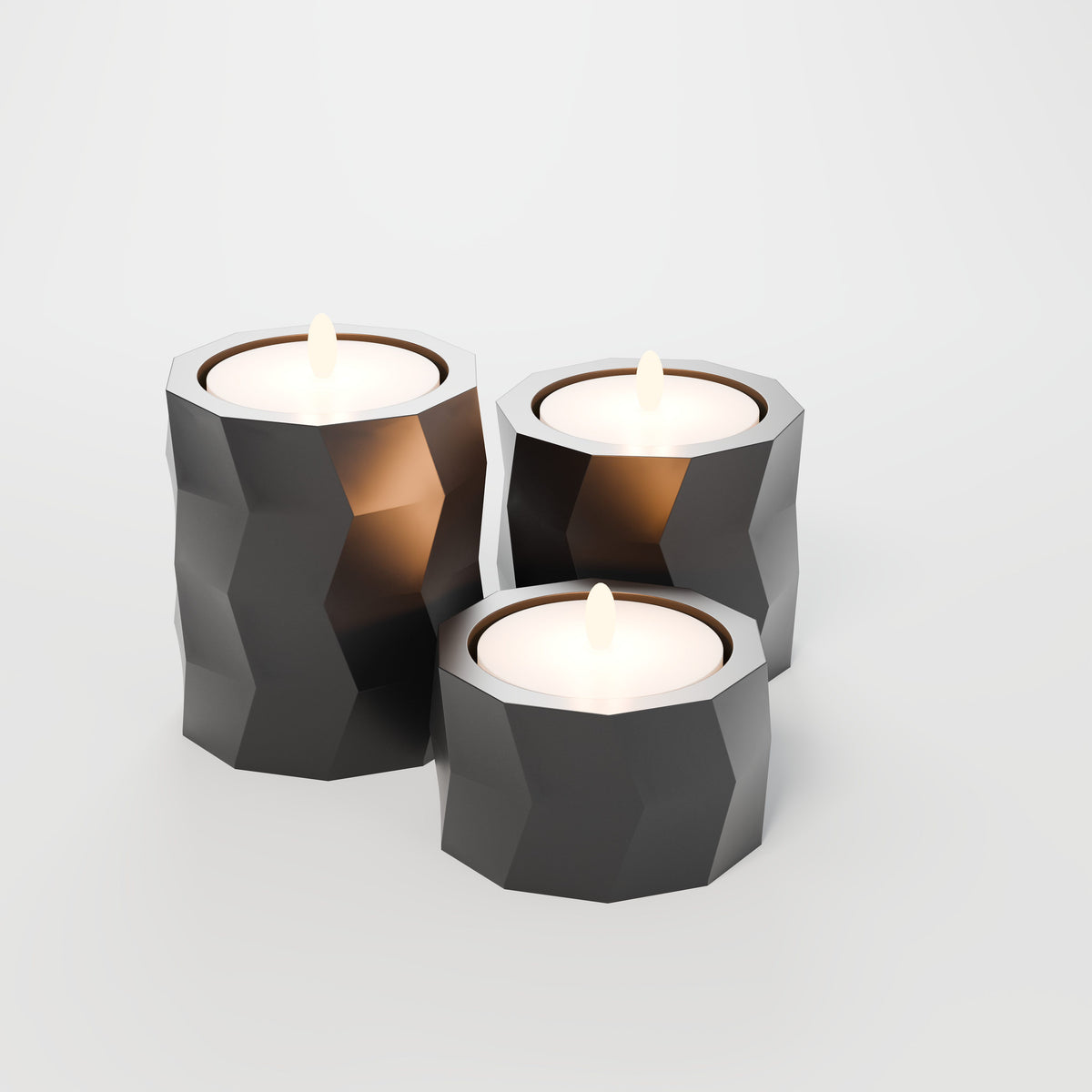 Trio de Porta-Velas Geométricos Low Poly, Preto