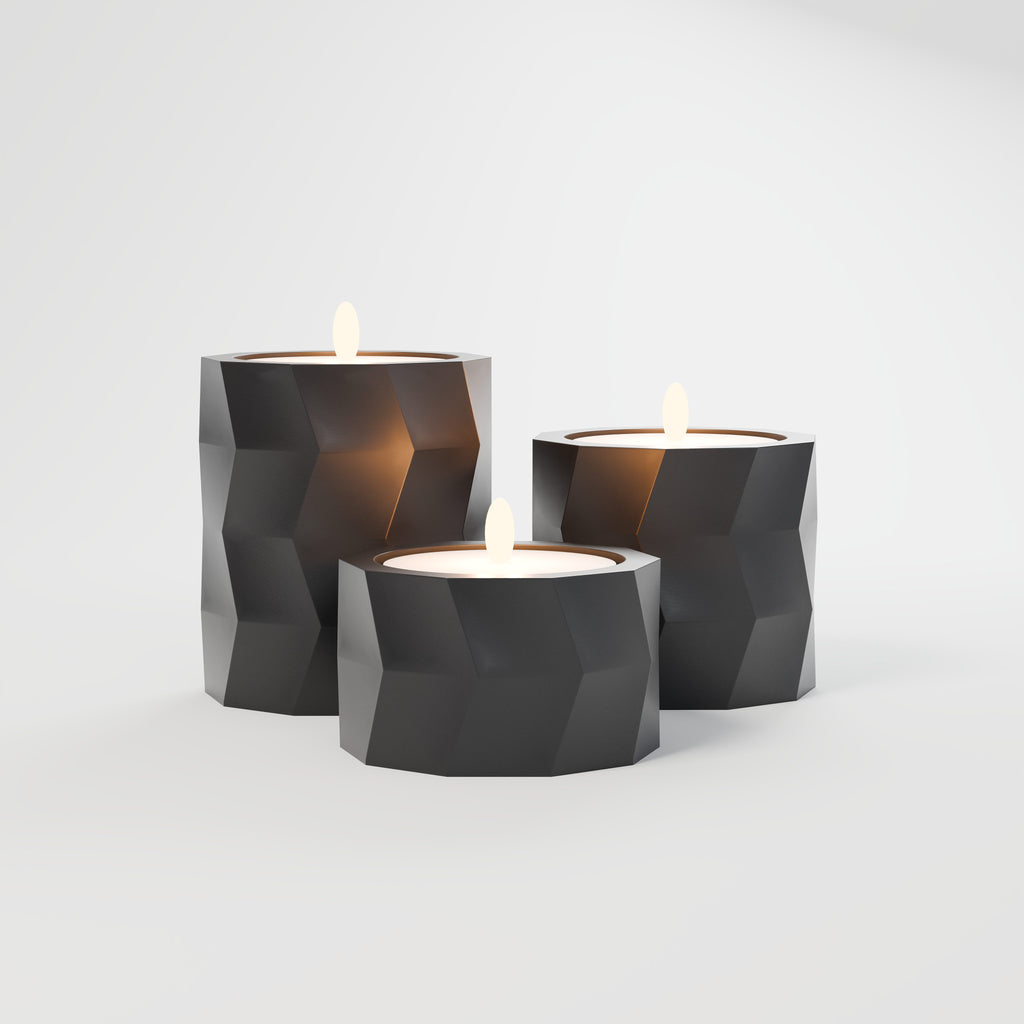 Trio de Porta-Velas Geométricos Low Poly, vista frontal