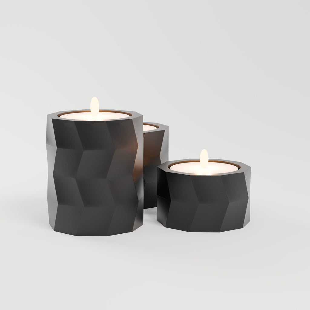 Trio de Porta-Velas Geométricos Low Poly, vista lateral