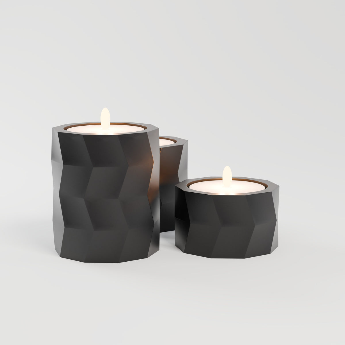 Trio de Porta-Velas Geométricos Low Poly, vista lateral