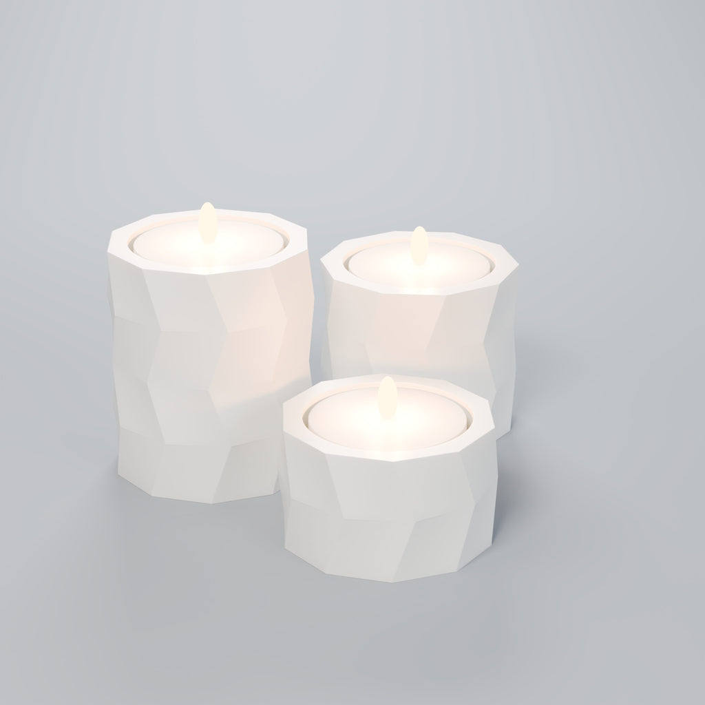 Trio de Porta-Velas Geométricos Low Poly, Branco