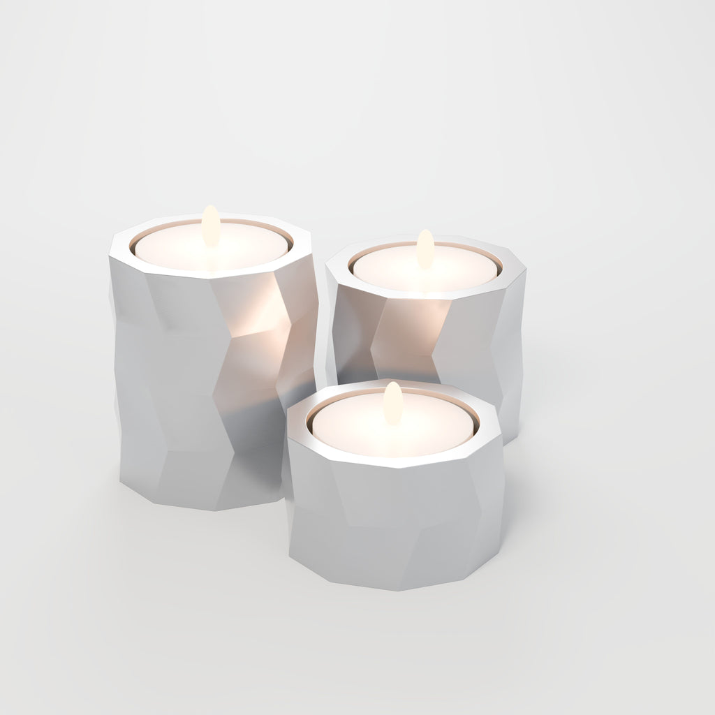 Trio de Porta-Velas Geométricos Low Poly, Prata